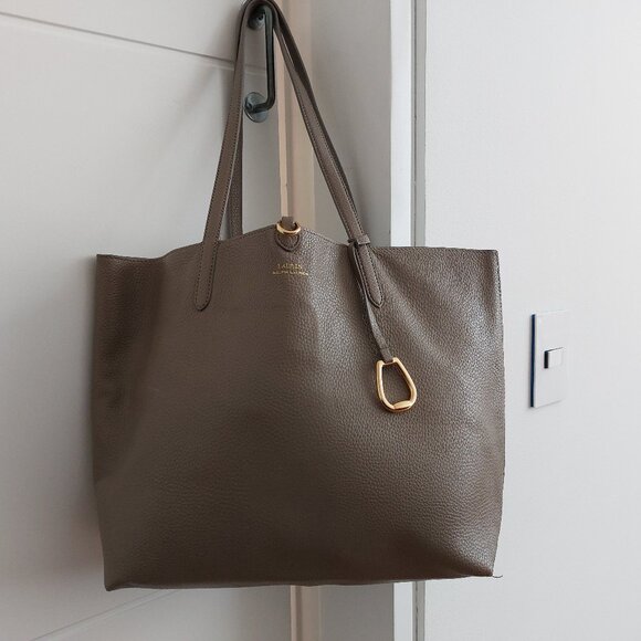 Ralph Lauren Taupe Faux Leather Tote Purse Bag gold hardware - Picture 1 of 8